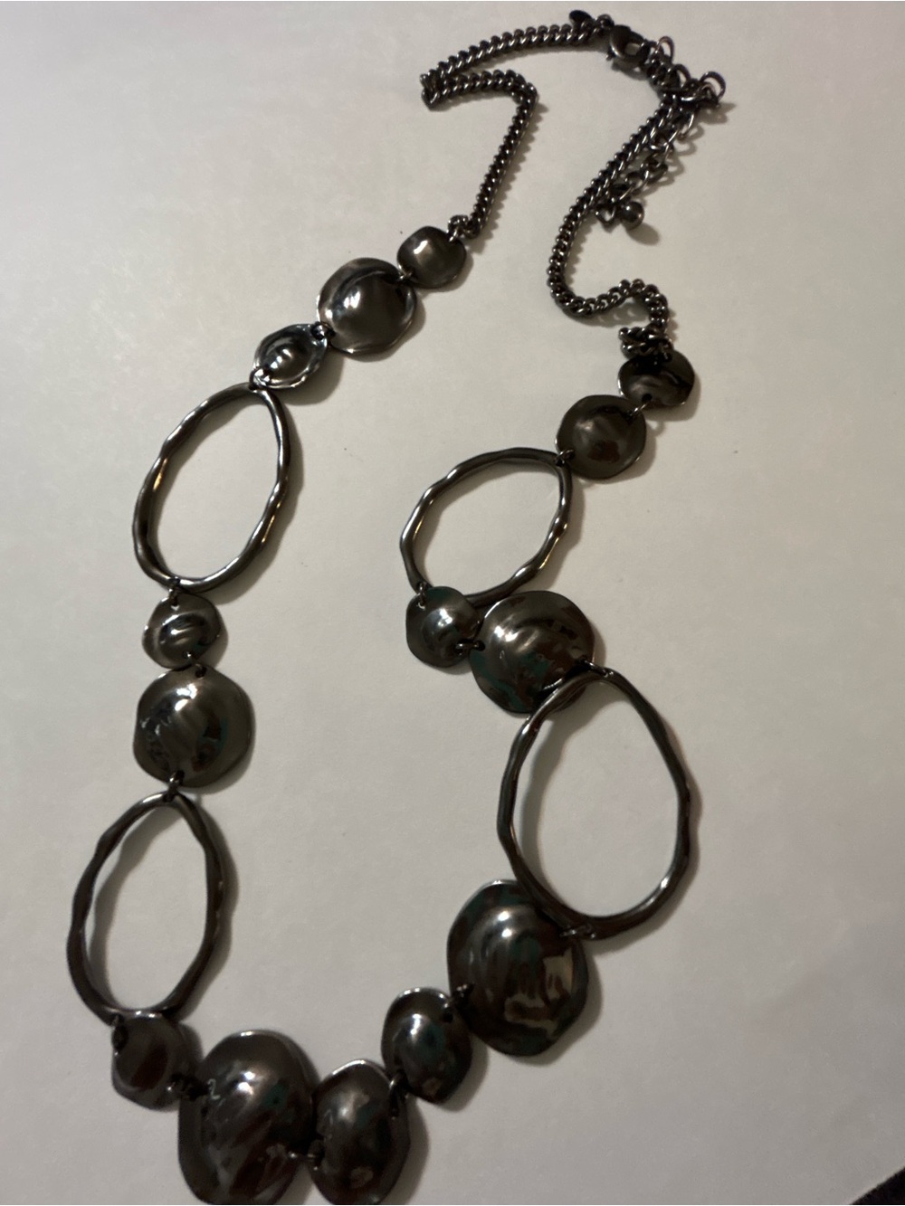 Chico's Gunmetal Abstract Hammered Disc & Open Hoop Statement Necklace